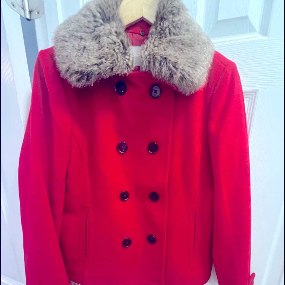 Banana Republic Red Peacoat with Removable Fur Collar.